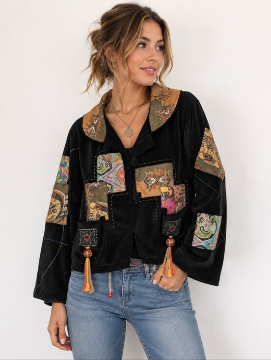 Handmade Jackets & Blazers - Bohemian Patchwork Velvet Jacket - BlackBoho Patchwork Black Corduroy Jacket Pai